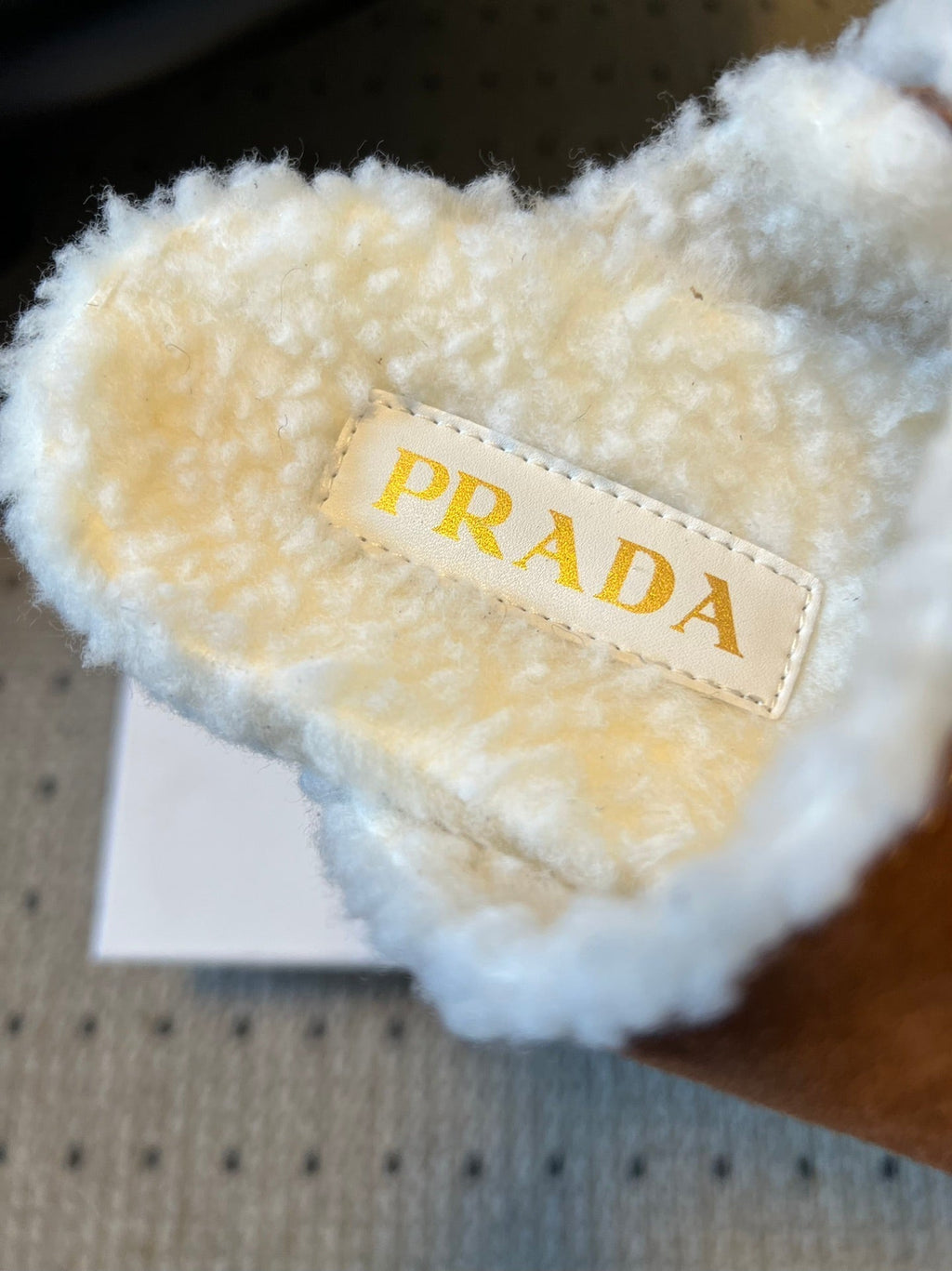 PRADA 25S TWO-STRAP SANLS IN BROWN SUEDE AND WHITE SHEARLING WITH GOLD HARDWARE