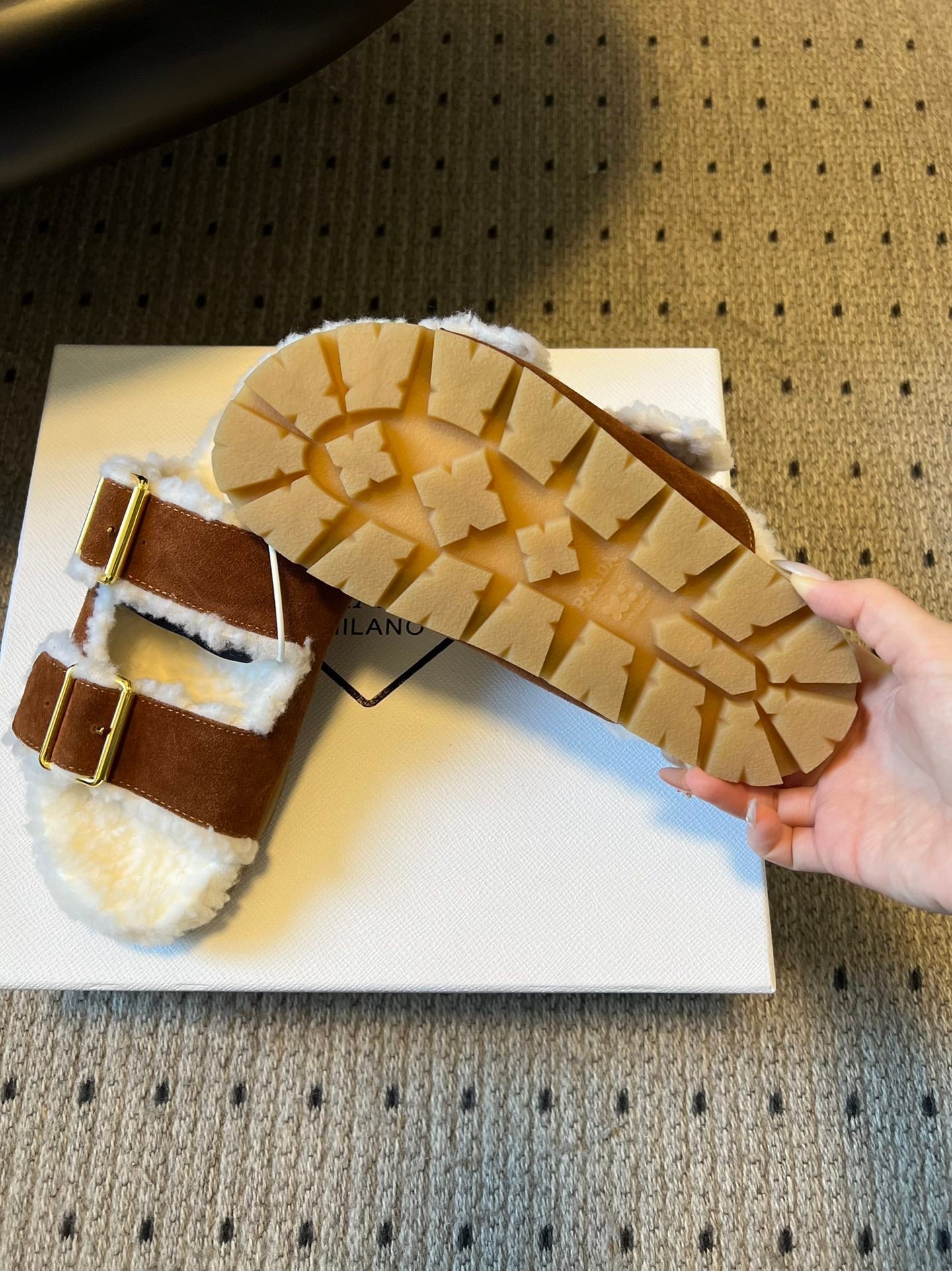 PRADA 25S TWO-STRAP SANLS IN BROWN SUEDE AND WHITE SHEARLING WITH GOLD HARDWARE