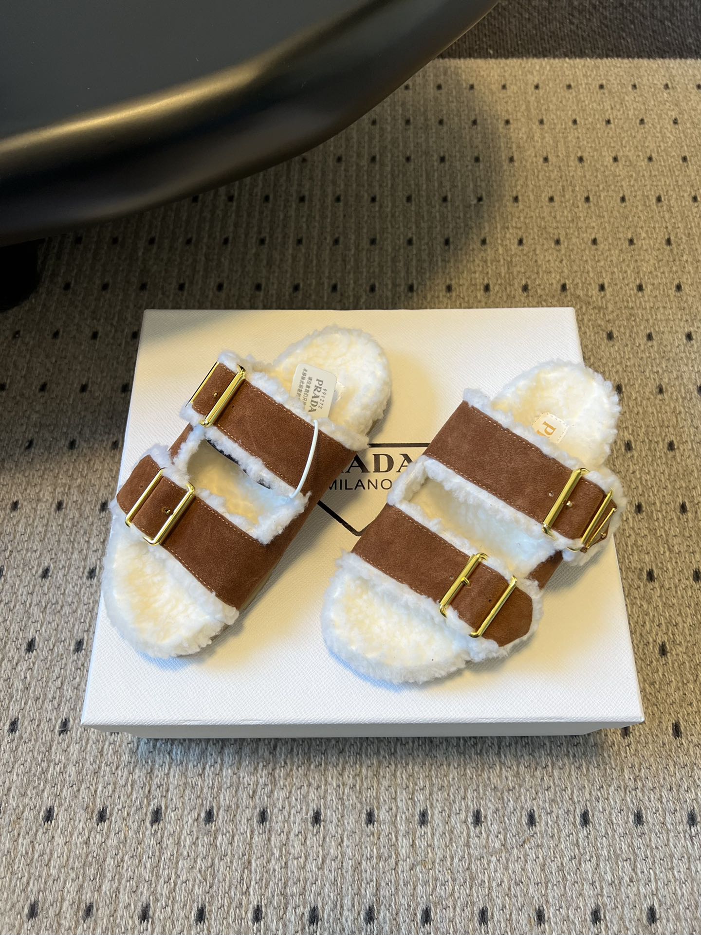PRADA 25S TWO-STRAP SANLS IN BROWN SUEDE AND WHITE SHEARLING WITH GOLD HARDWARE