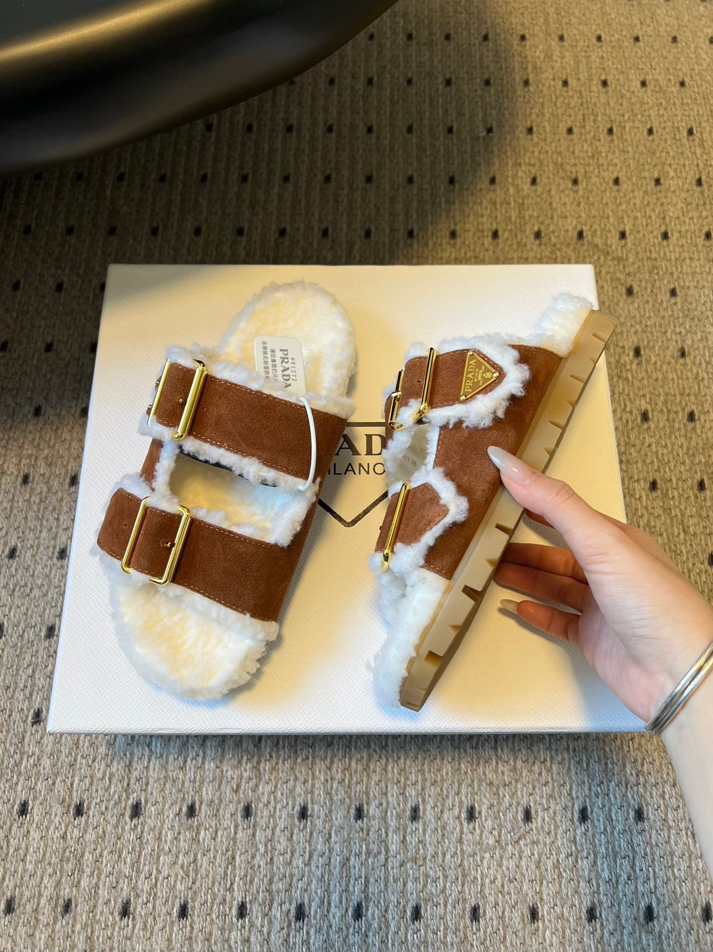 PRADA 25S TWO-STRAP SANLS IN BROWN SUEDE AND WHITE SHEARLING WITH GOLD HARDWARE