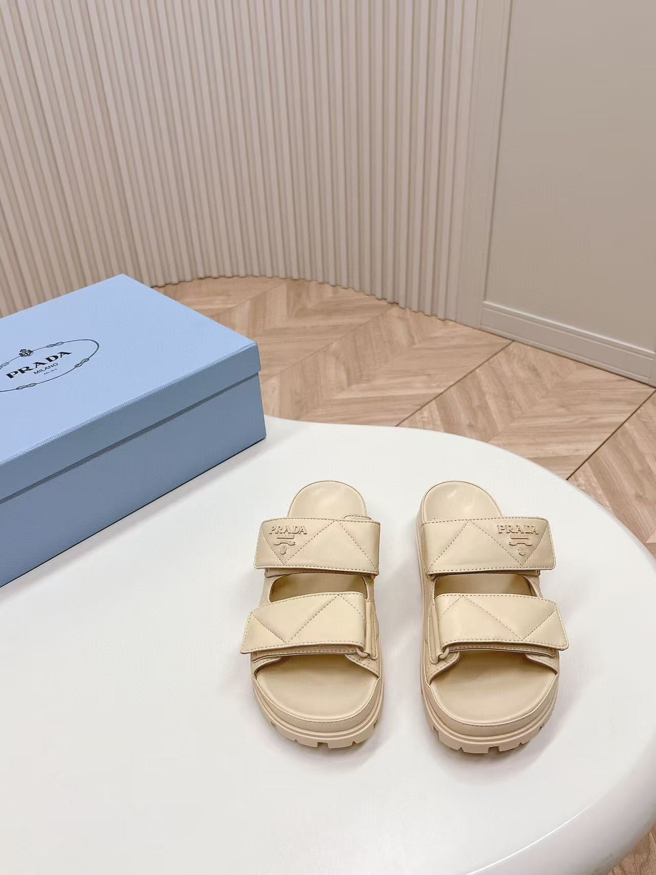 PRADA Padded Leather MULES Sandals Lambskin Beige