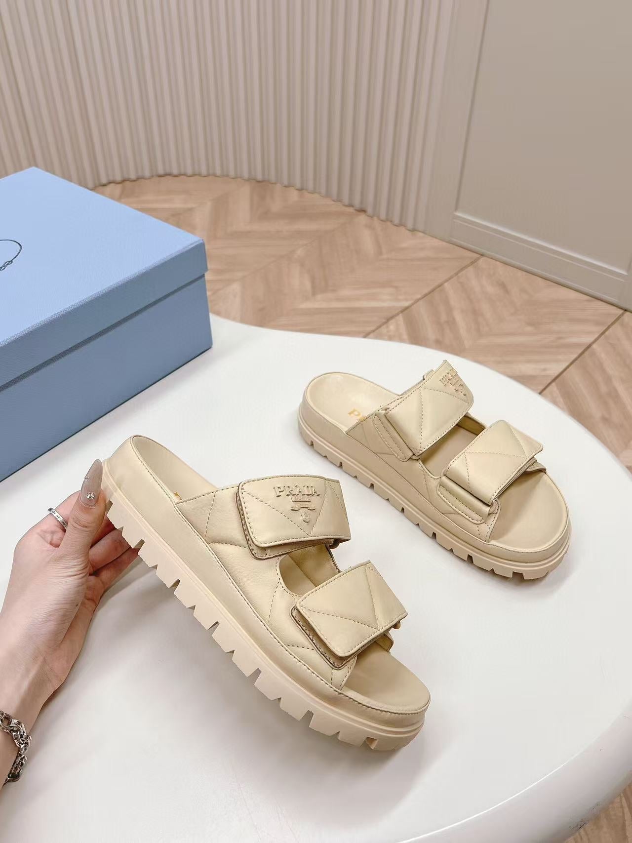 PRADA Padded Leather MULES Sandals Lambskin Beige