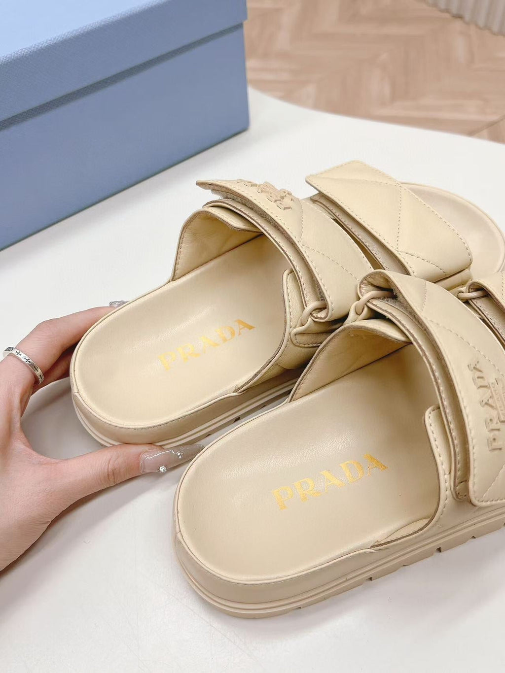 PRADA Padded Leather MULES Sandals Lambskin Beige
