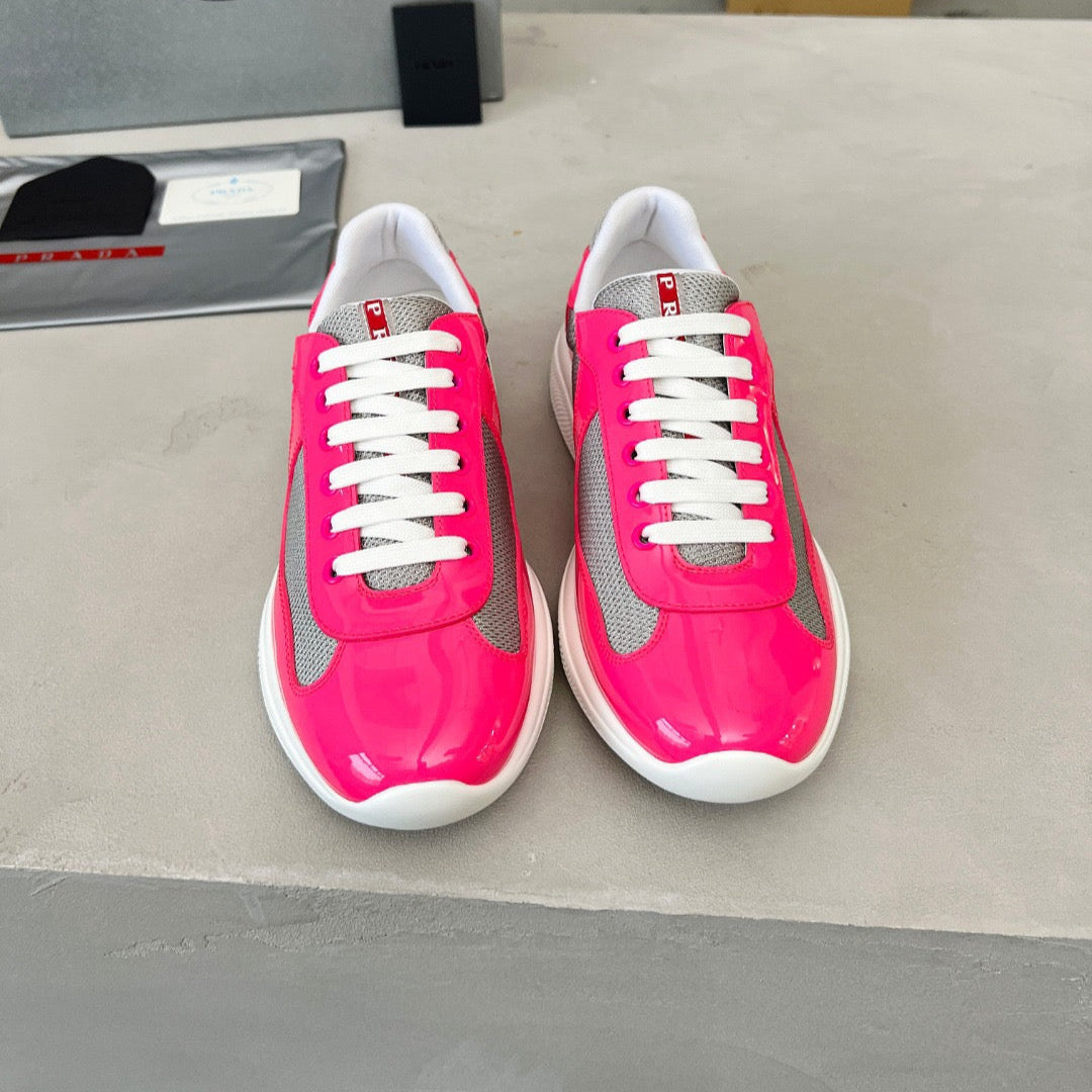 PRADA CHUNKY SOLE DESIGN SNEAKER IN PINK AND WHITE MESH MIX LEATHER