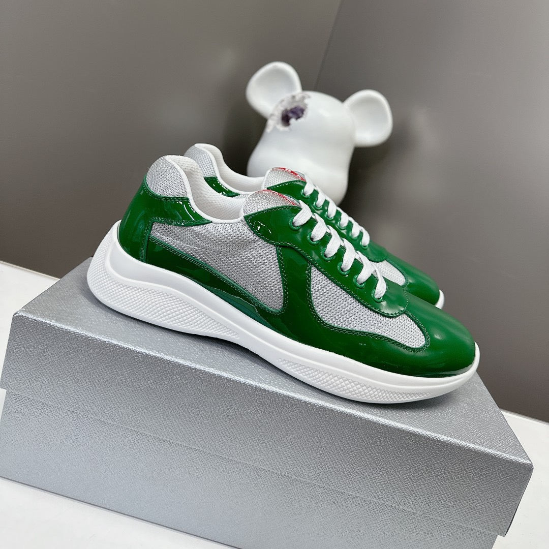 PRADA CHUNKY SOLE DESIGN SNEAKER IN GREEN AND WHITE MESH MIX LEATHER