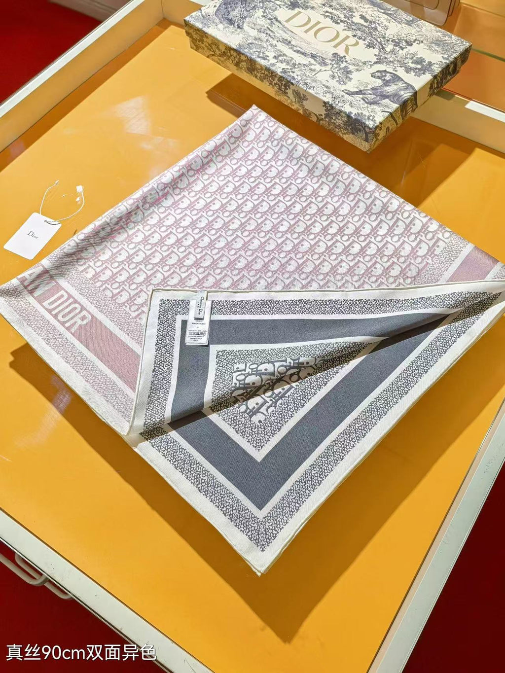 DIOR CD SCARF DOUBLE-SIDED IN PINK AND GREY MONOGRAM SILK