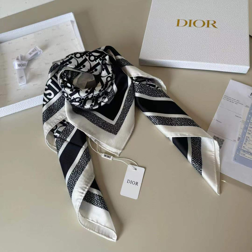 DIOR CD SCARF IN BLACK MONOGRAM PATTERN SILK
