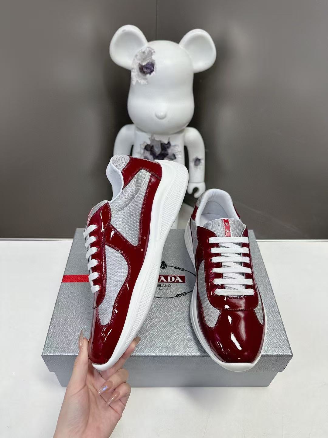 PRADA SNEAKERS IN BURDUNDY RED CALFSKIN AND MESH