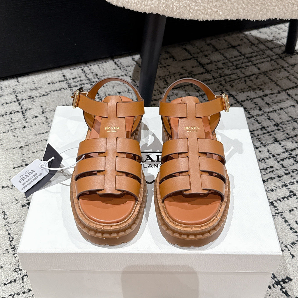 PRADA 25S FISHERMAN OPEN TOE SANLS IN BURNT ORANGE CALFSKIN