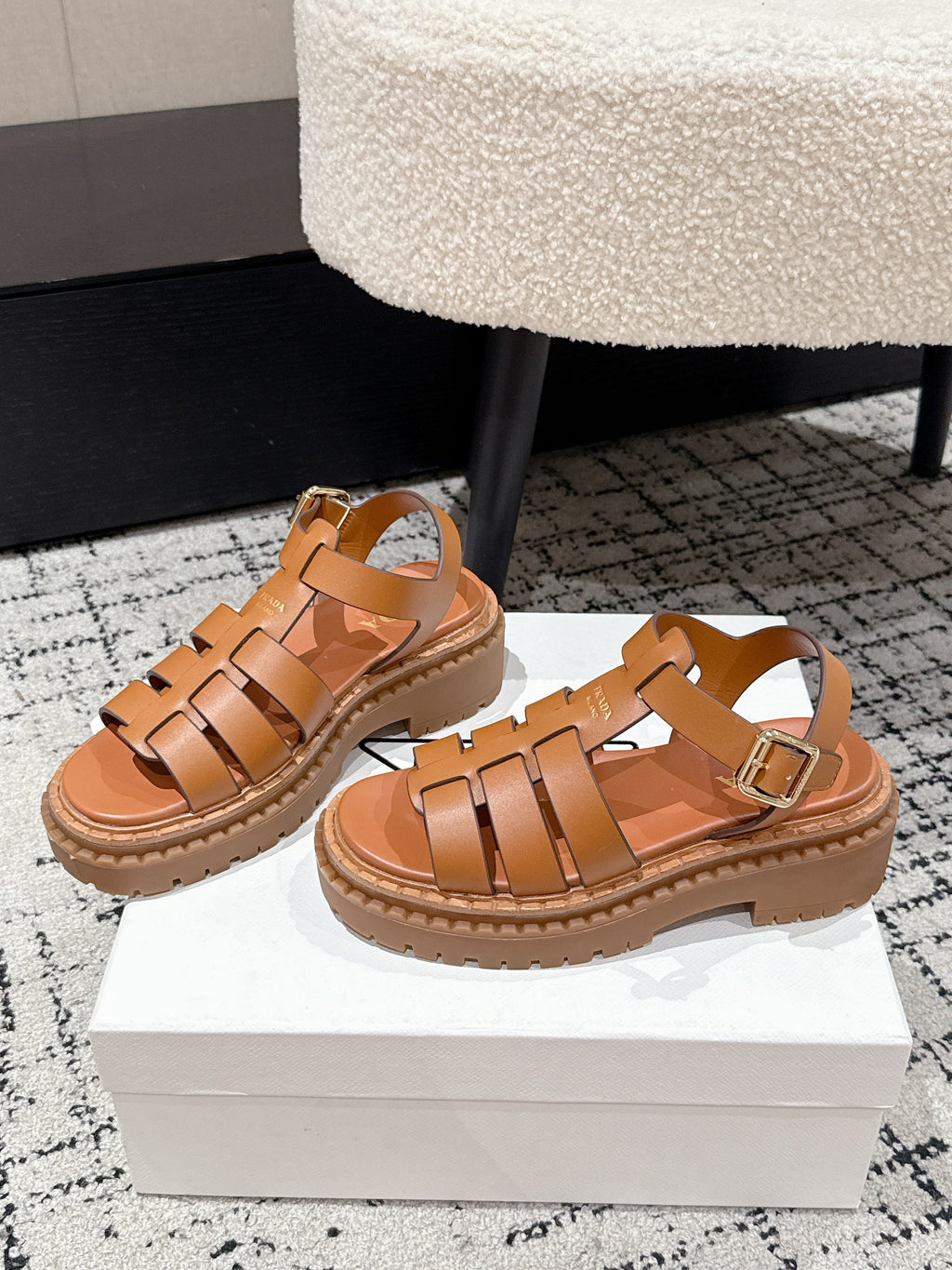 PRADA 25S FISHERMAN OPEN TOE SANLS IN BURNT ORANGE CALFSKIN