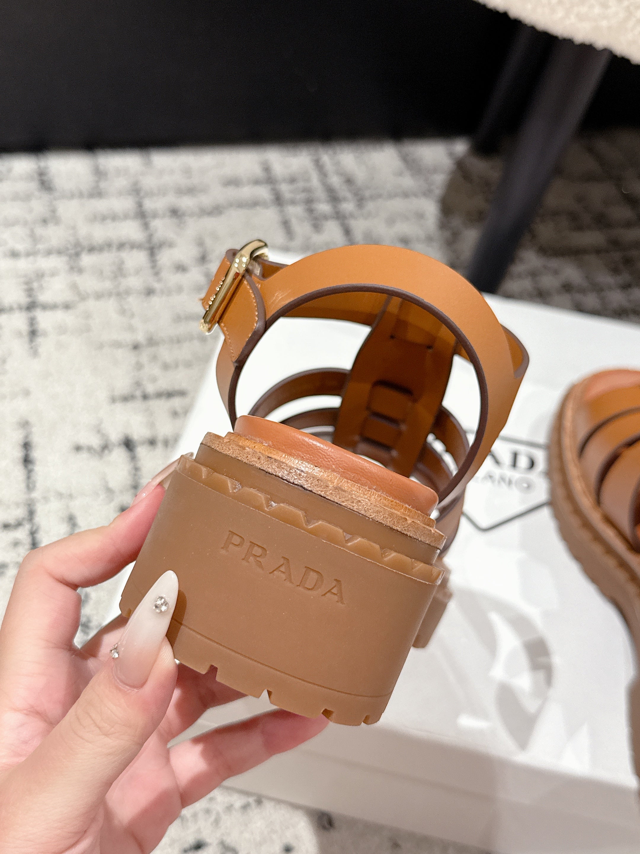 PRADA 25S FISHERMAN OPEN TOE SANLS IN BURNT ORANGE CALFSKIN