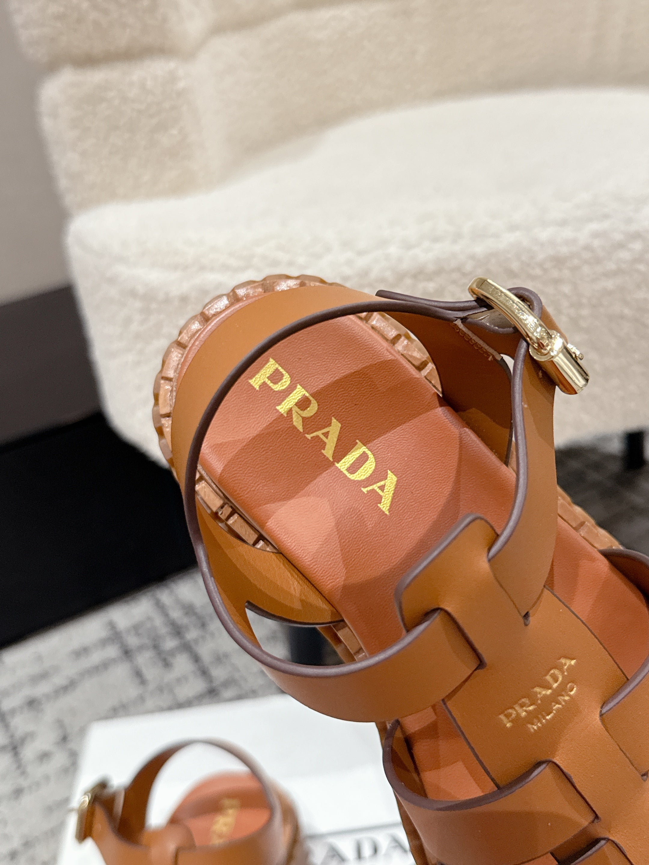 PRADA 25S FISHERMAN OPEN TOE SANLS IN BURNT ORANGE CALFSKIN