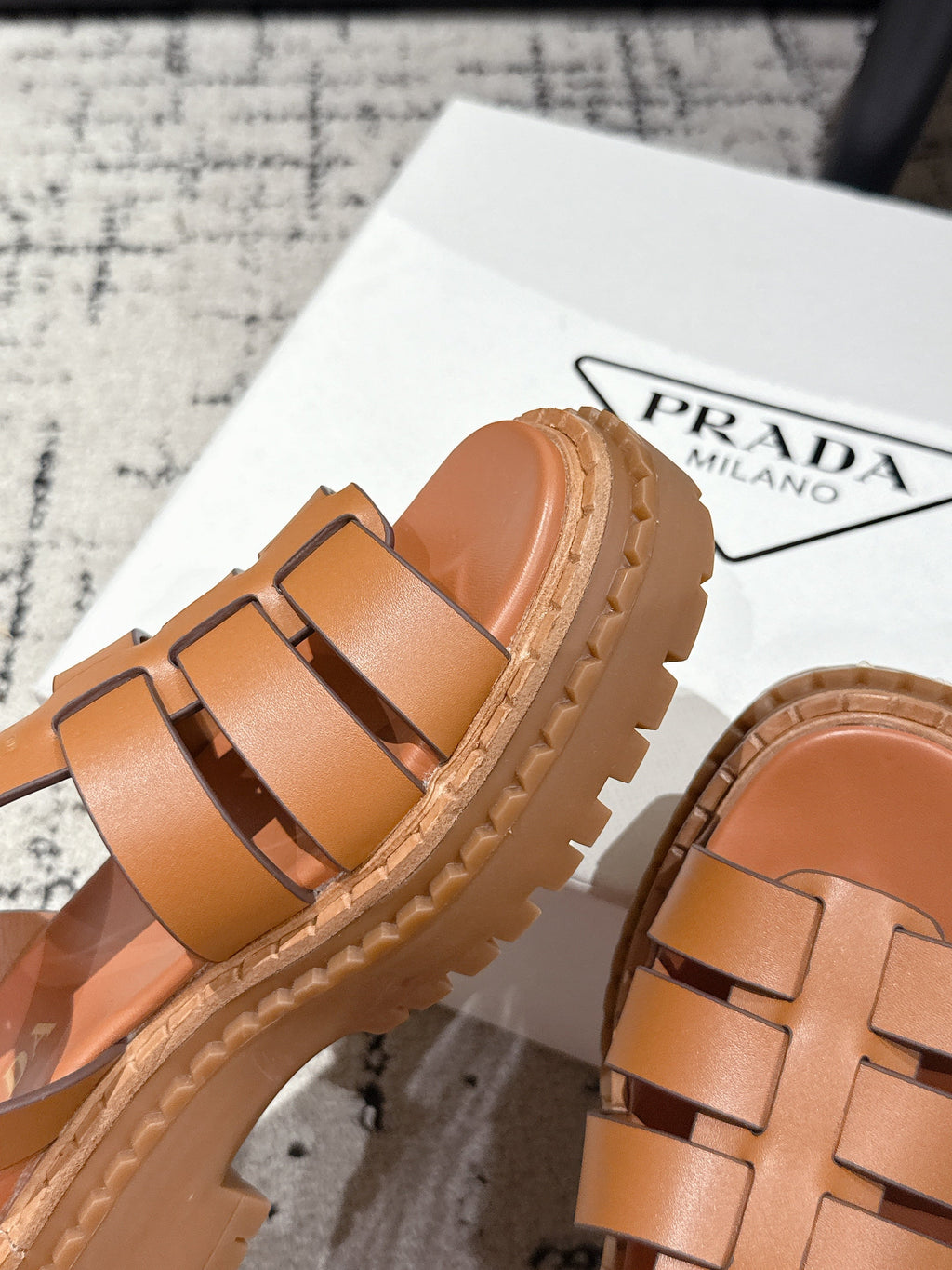 PRADA 25S FISHERMAN OPEN TOE SANLS IN BURNT ORANGE CALFSKIN