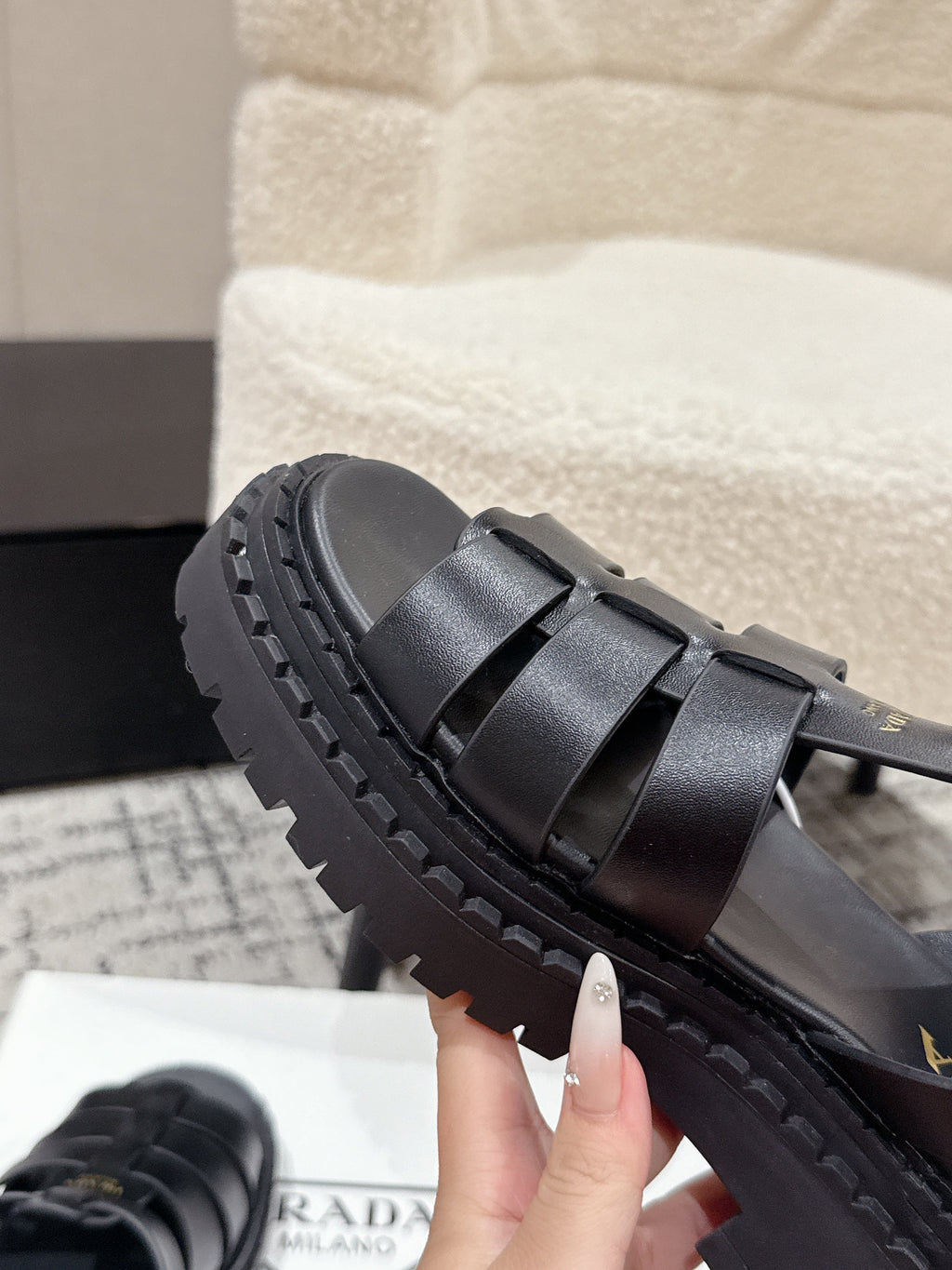 PRADA 25S FISHERMAN OPEN TOE SANLS IN BLACK CALFSKIN