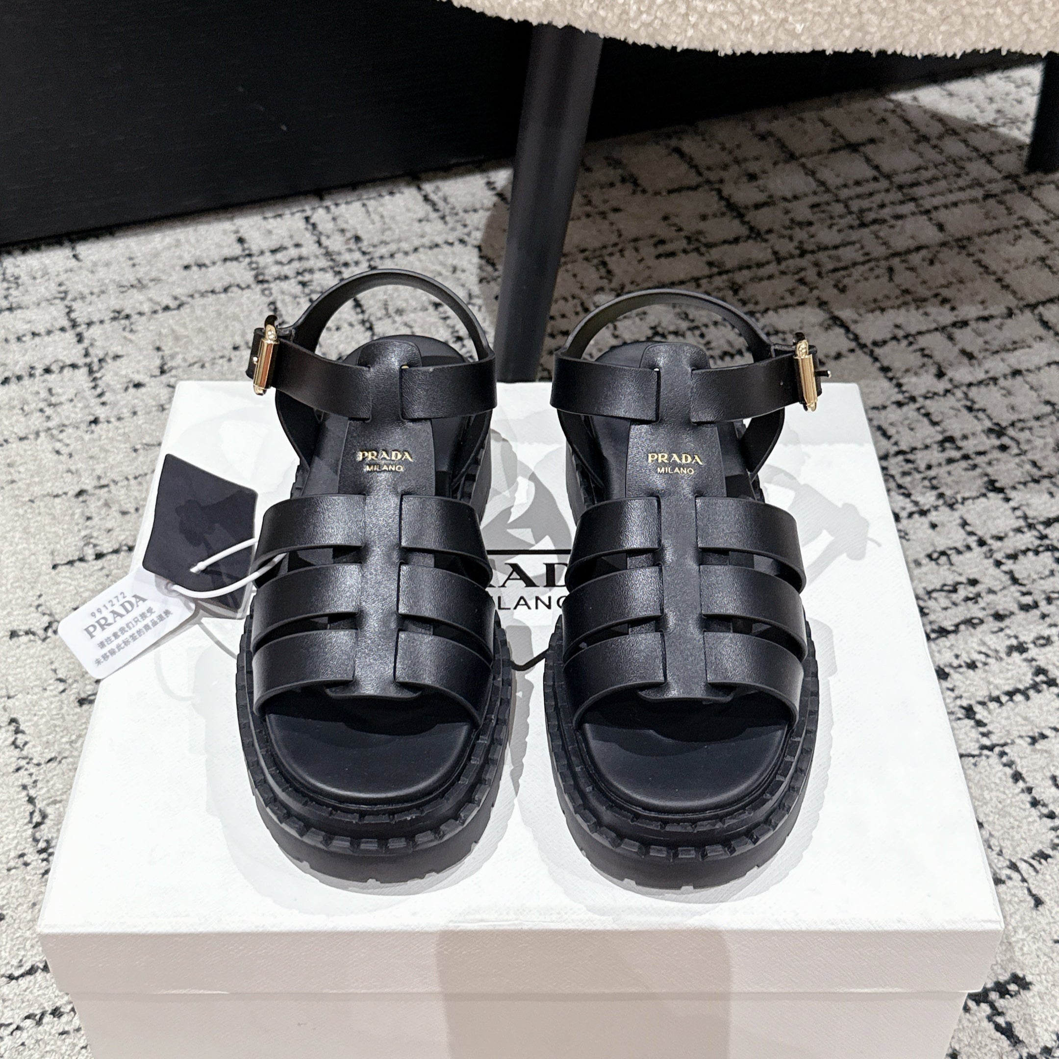 PRADA 25S FISHERMAN OPEN TOE SANLS IN BLACK CALFSKIN