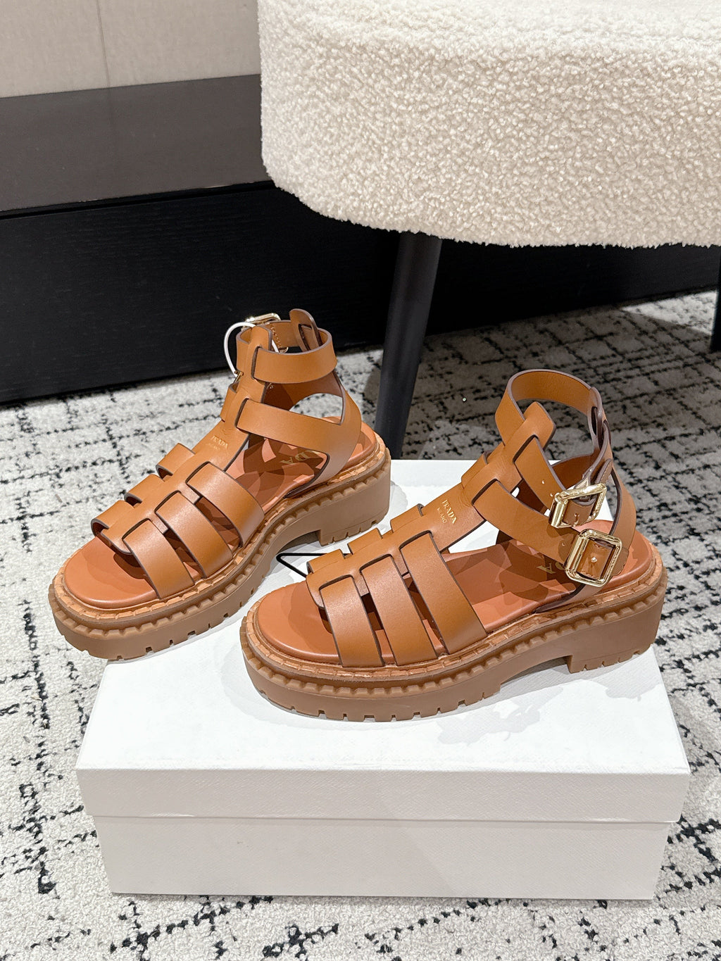 PRADA 25S HIGH TOP OPEN TOE FISHERMAN SANLS IN BURNT ORANGE CALFSKIN