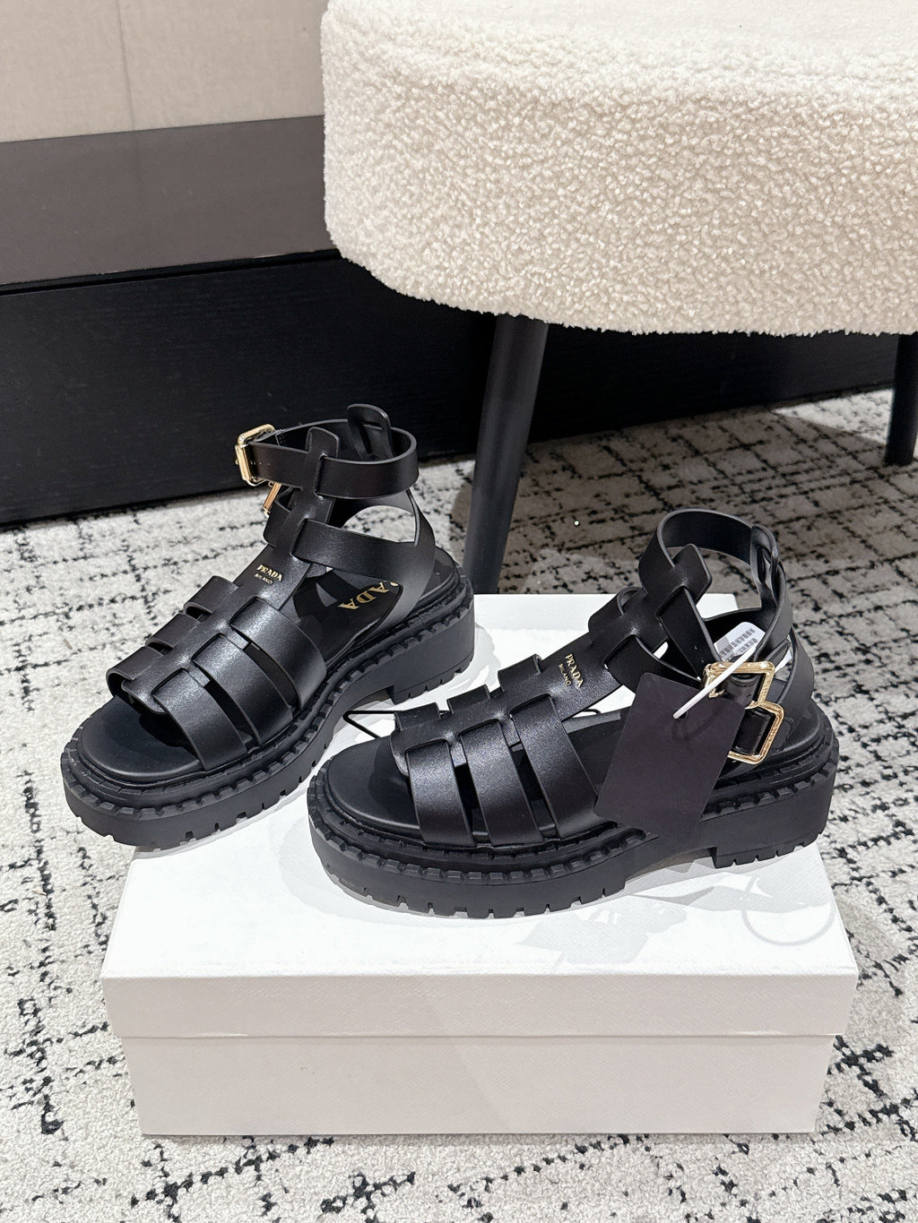 PRADA 25S HIGH TOP OPEN TOE FISHERMAN SANLS IN BLACK CALFSKIN