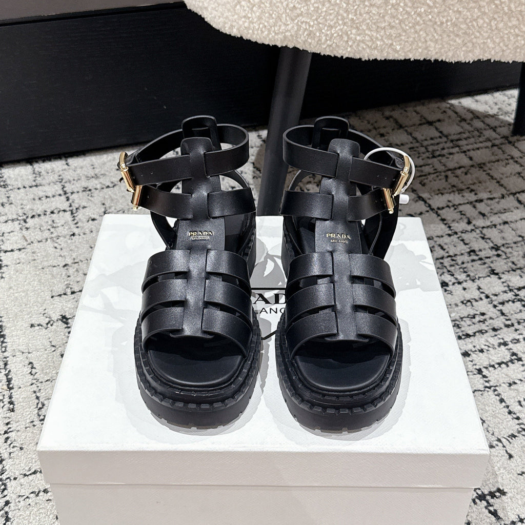 PRADA 25S HIGH TOP OPEN TOE FISHERMAN SANLS IN BLACK CALFSKIN