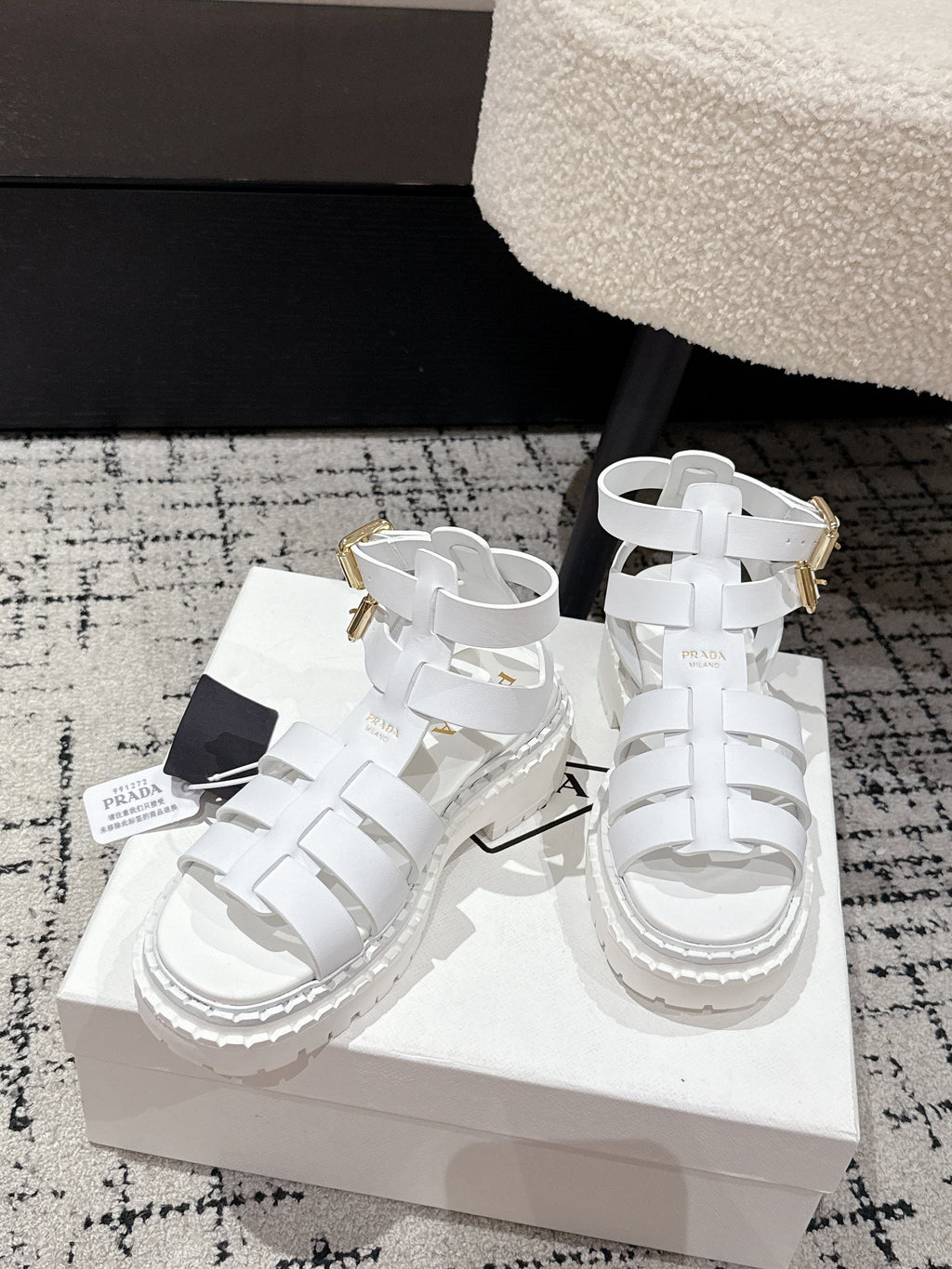 PRADA 25S HIGH TOP OPEN TOE FISHERMAN SANLS IN WHITE CALFSKIN