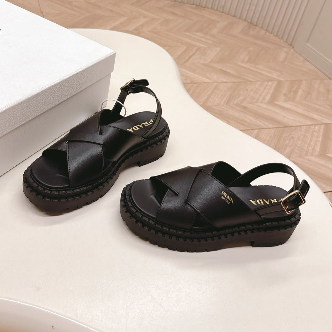 PRADA 25S CRISSCROSS SANLS IN BLACK CALFSKIN