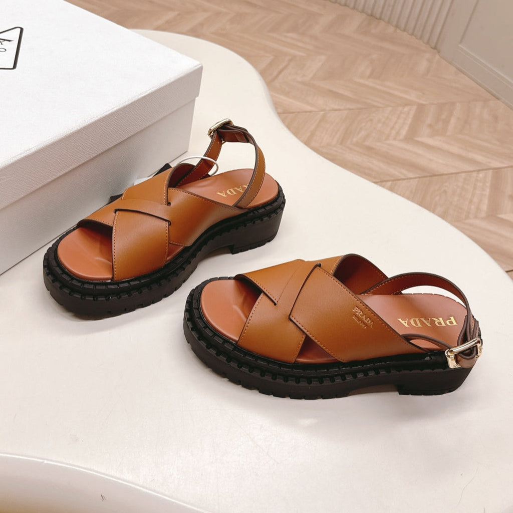 PRADA 25S CRISSCROSS SANLS IN LIGHT TAN CALFSKIN