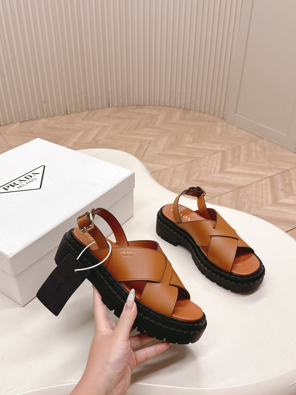 PRADA 25S CRISSCROSS SANLS IN LIGHT TAN CALFSKIN