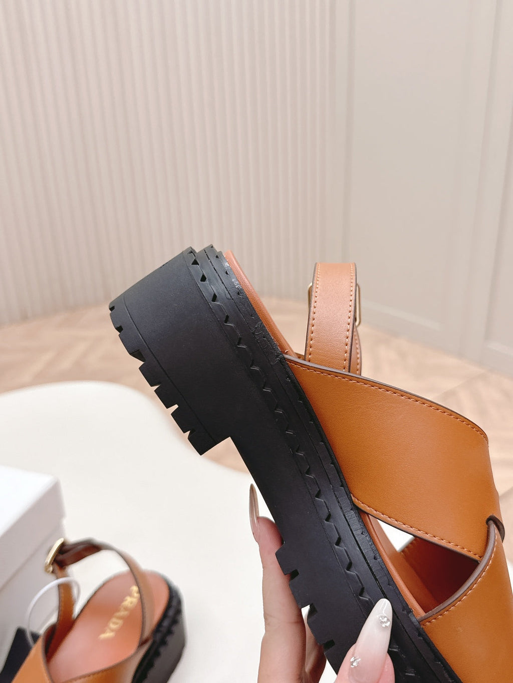 PRADA 25S CRISSCROSS SANLS IN LIGHT TAN CALFSKIN
