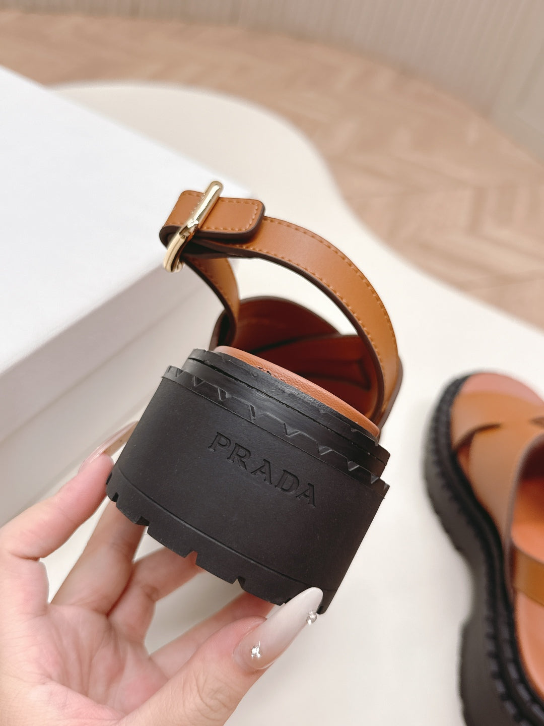 PRADA 25S CRISSCROSS SANLS IN LIGHT TAN CALFSKIN