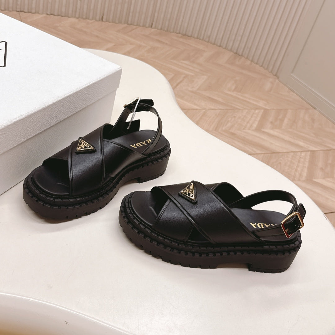 PRADA 25S SANLS IN BLACK CALFSKIN LOGO GOLD HARDWARE