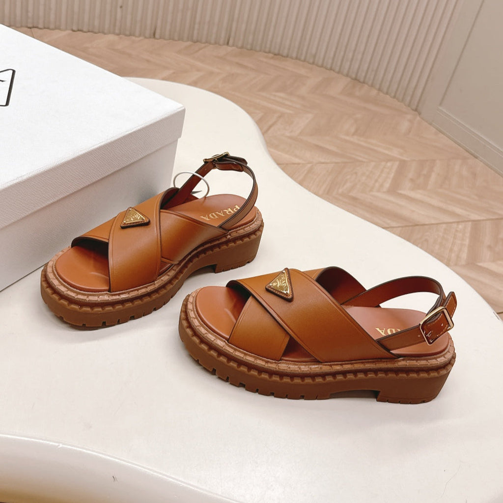 PRADA 25S SANLS IN LIGHT TAN CALFSKIN LOGO GOLD HARDWARE