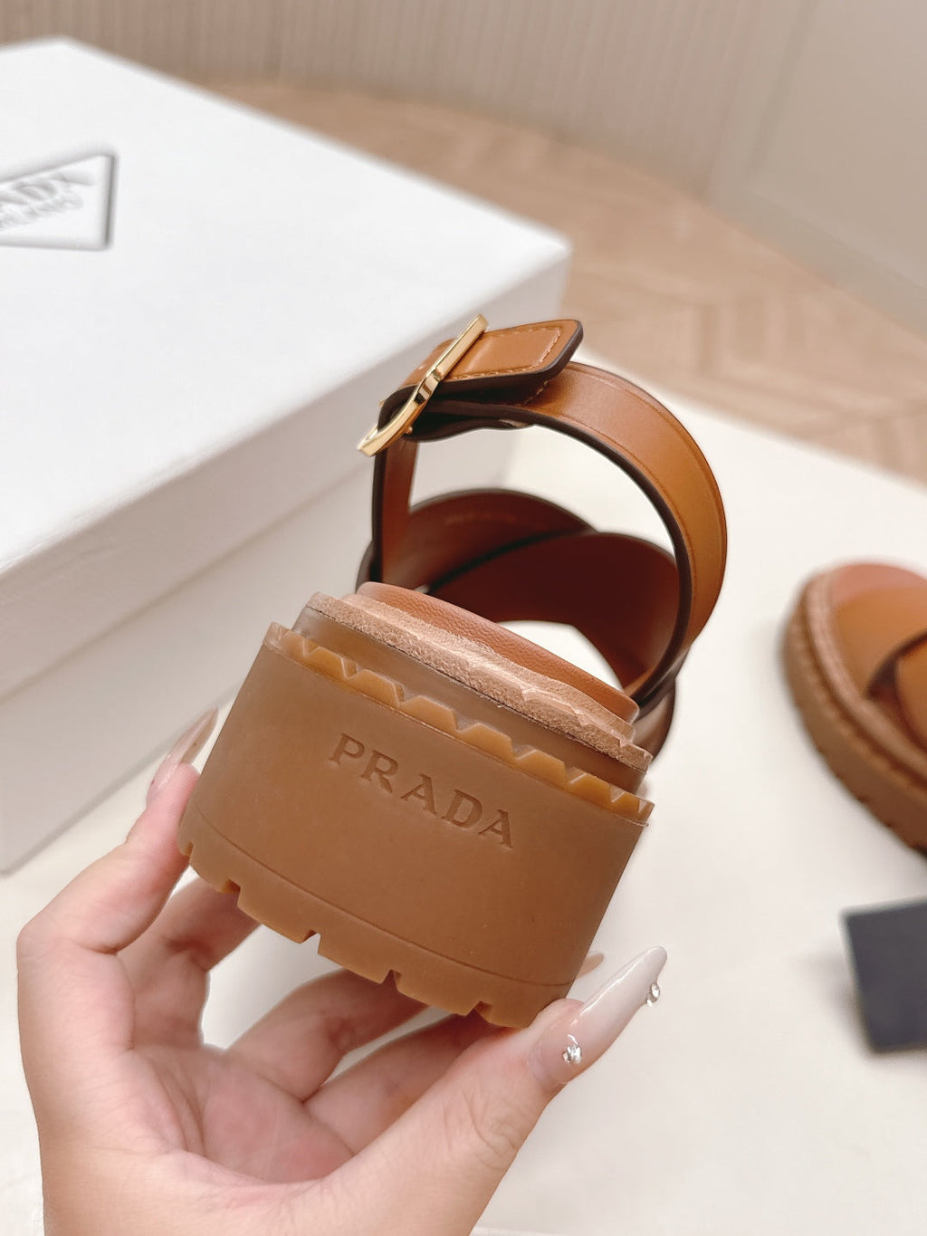 PRADA 25S SANLS IN LIGHT TAN CALFSKIN LOGO GOLD HARDWARE