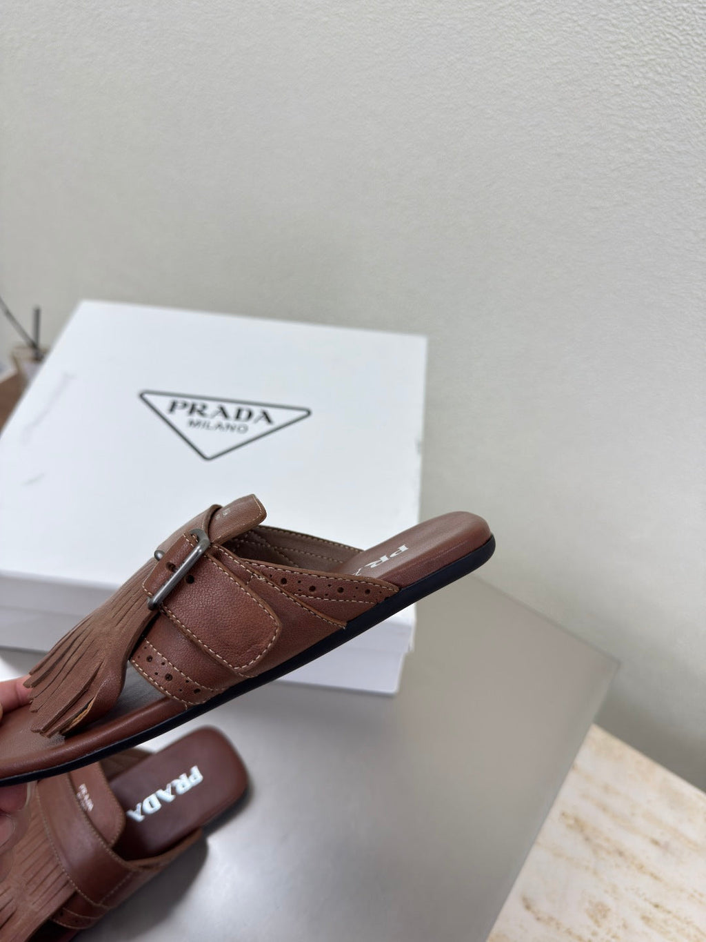 PRADA 25S SHUFFLE LEATHER THONG SANLS IN SIENNA CALFSKIN