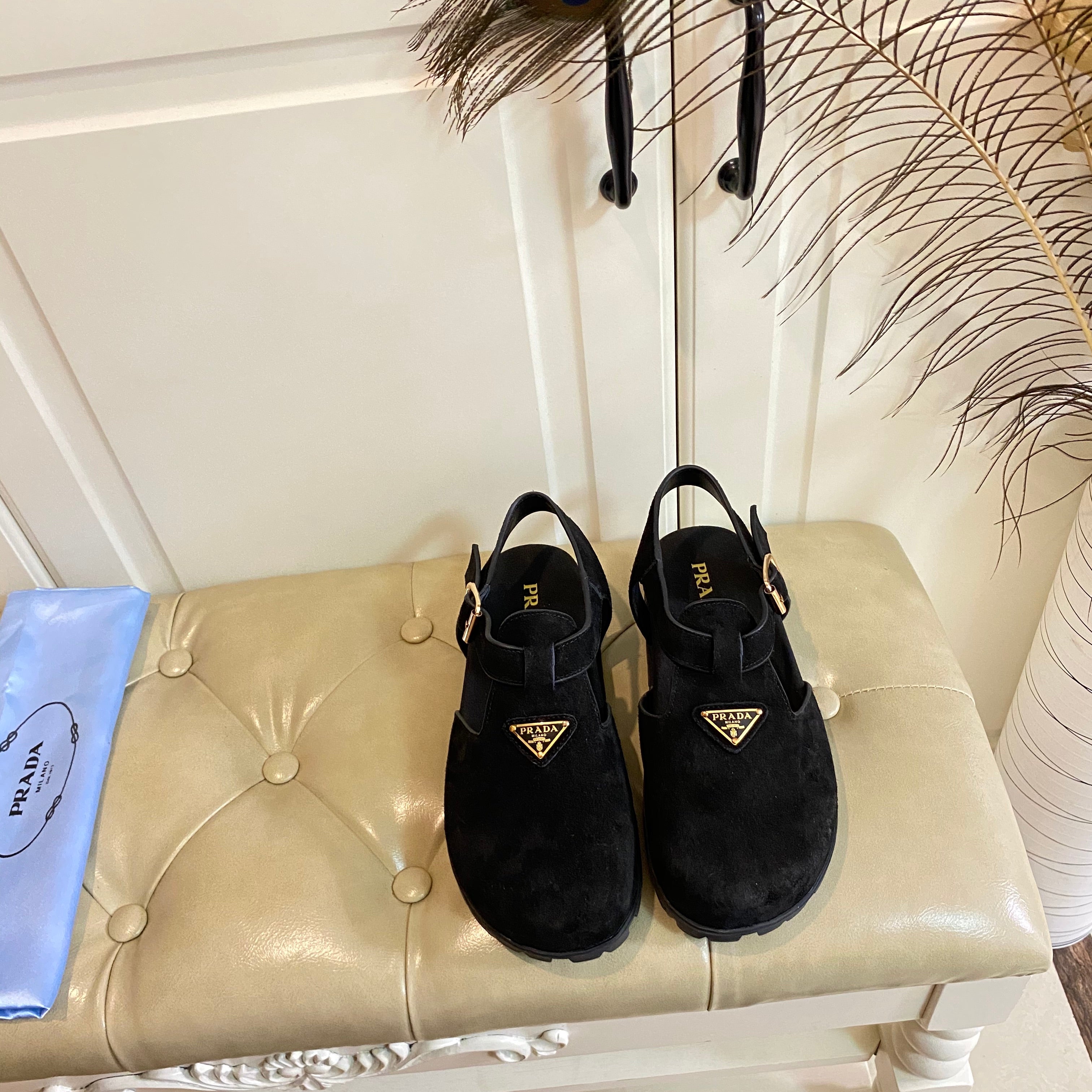 PRADA RUBBER SOLE SANLS IN BLACK SUEDE