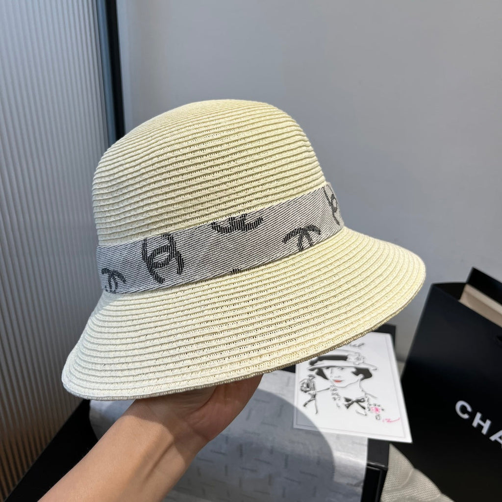 CHANEL STRAW BUCKET HAT IN IVORY WITH RIBBON BOW 673977