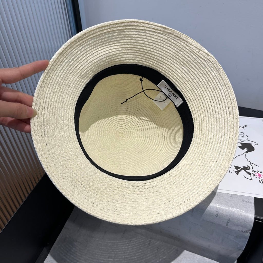CHANEL STRAW BUCKET HAT IN IVORY WITH RIBBON BOW 673977