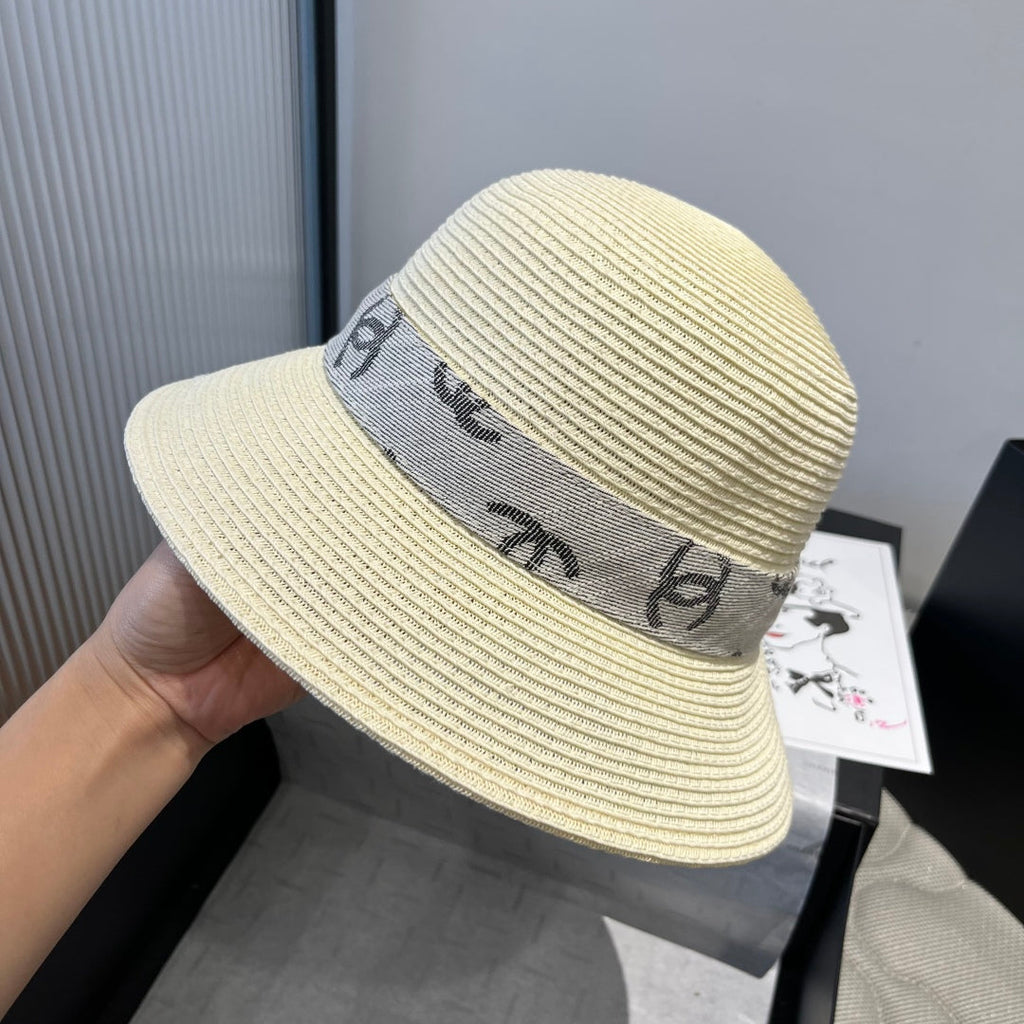 CHANEL STRAW BUCKET HAT IN IVORY WITH RIBBON BOW 673977