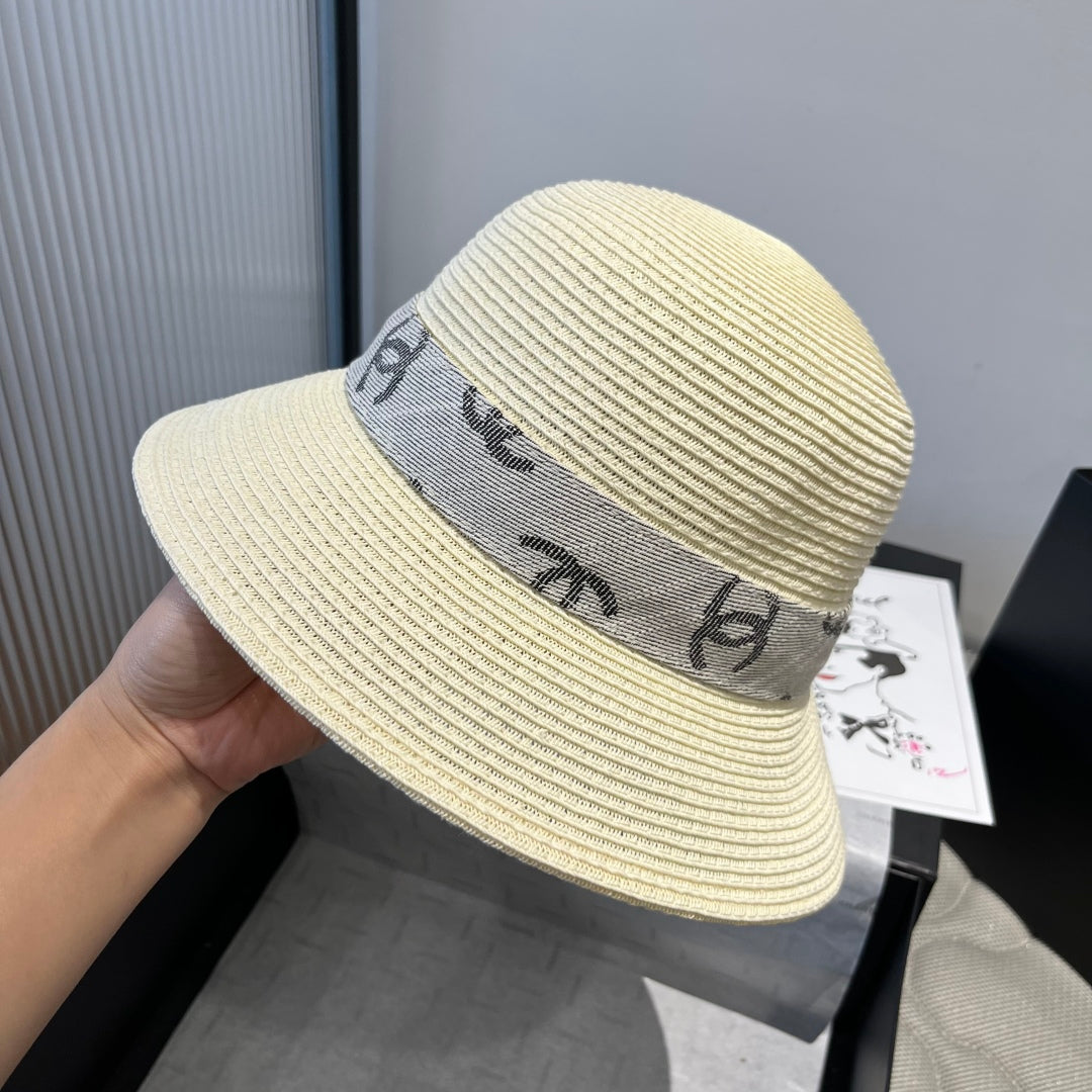 CHANEL STRAW BUCKET HAT IN IVORY WITH RIBBON BOW 673977