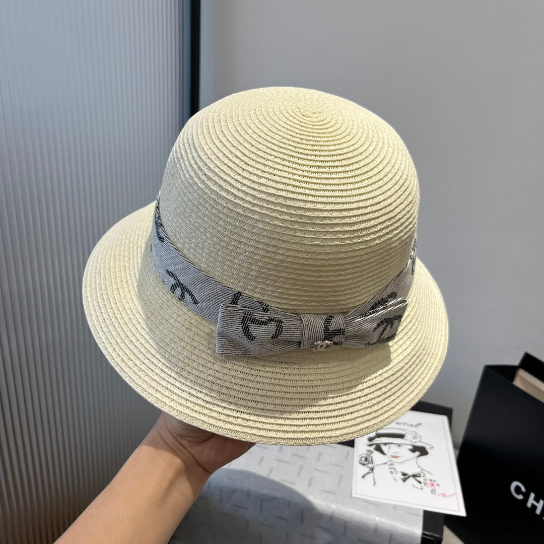 CHANEL STRAW BUCKET HAT IN IVORY WITH RIBBON BOW 673977