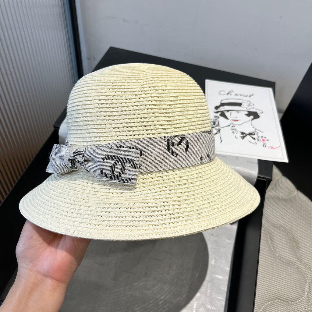 CHANEL STRAW BUCKET HAT IN IVORY WITH RIBBON BOW 673977