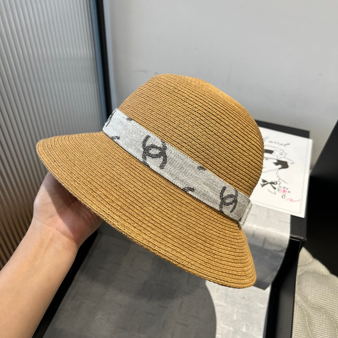 CHANEL STRAW BUCKET HAT IN BROWN WITH RIBBON BOW 673978