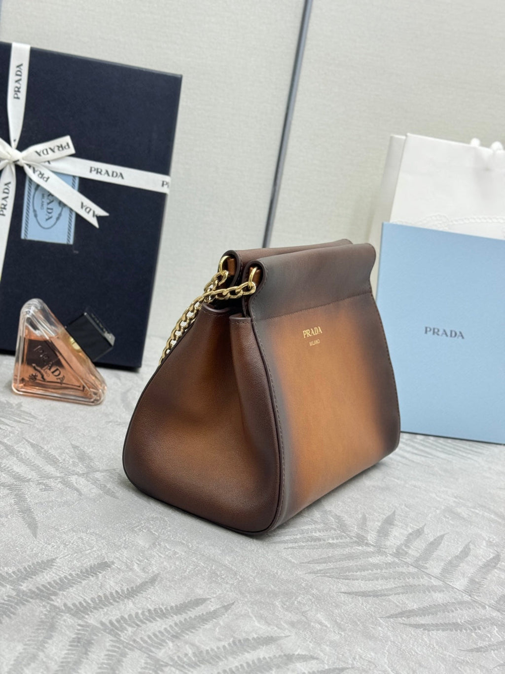 PRADA 25S ENCHAINE MINI BAG 22 IN COGNAC CALFSKIN GOLD HARDWARE