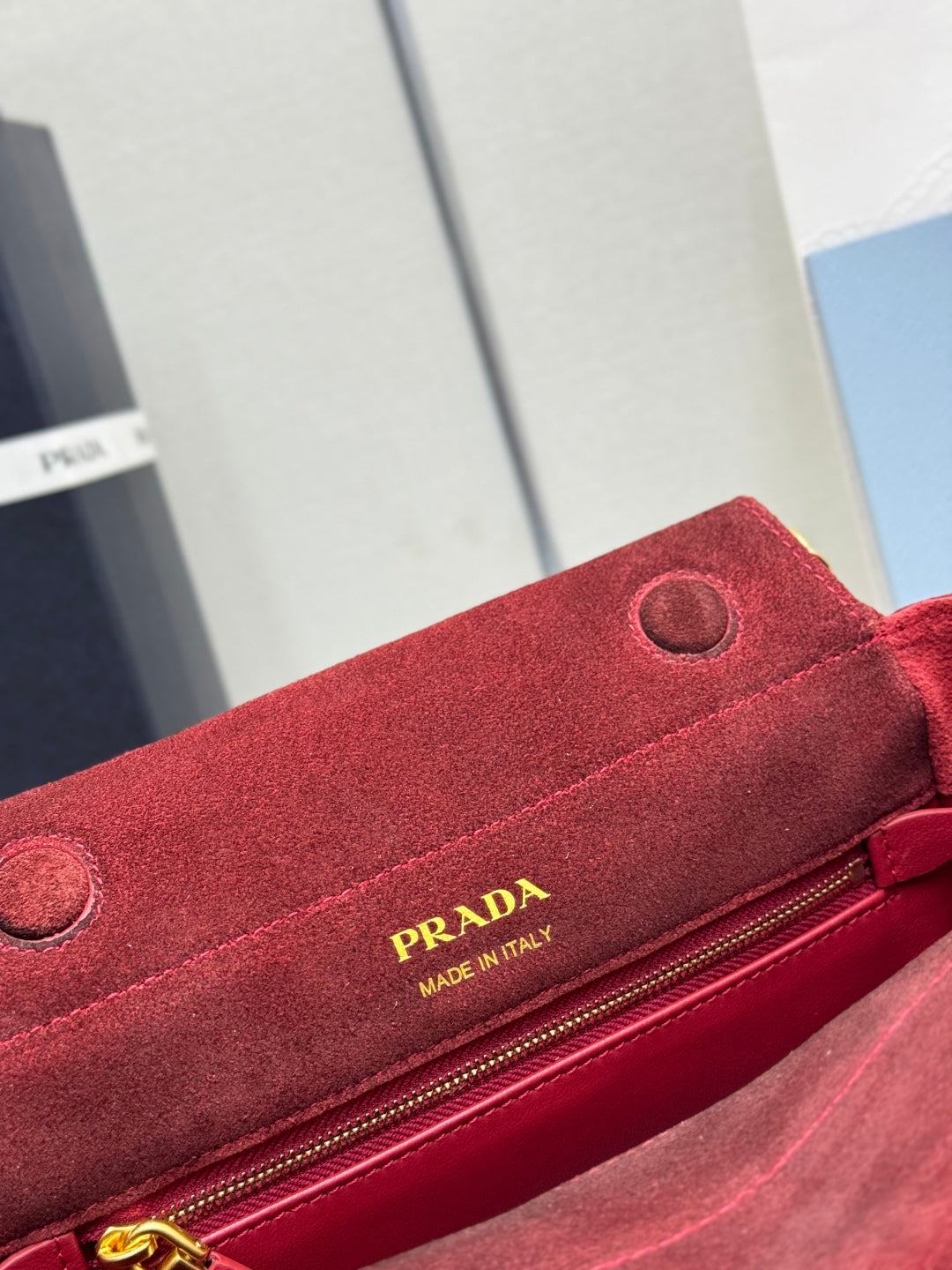 PRADA 25S ENCHAINE MINI BAG 22 IN RUBY RED SUEDE GOLD HARDWRE