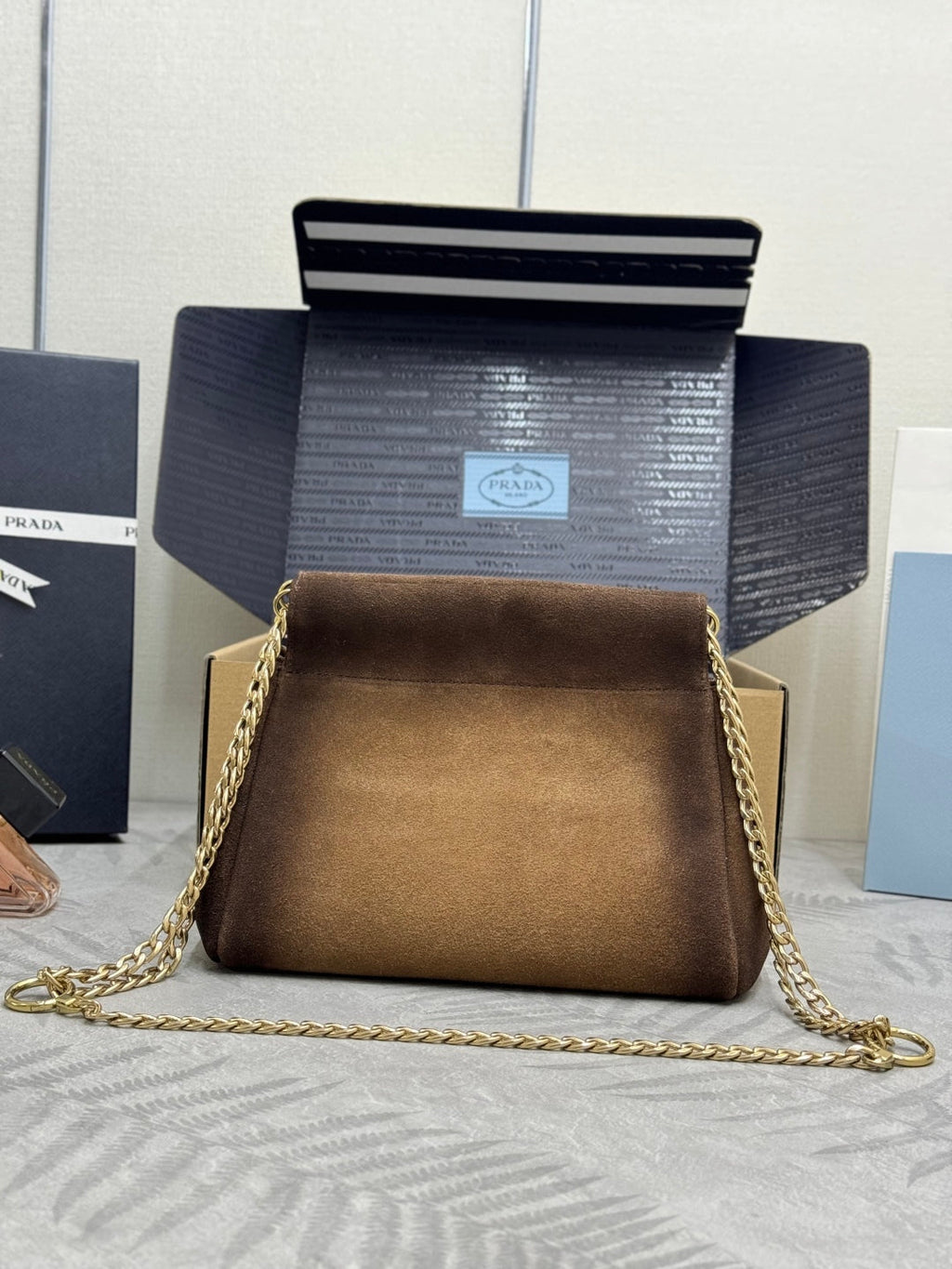 PRADA 25S ENCHAINE MINI BAG 22 IN CARAMEL BROWN SUEDE GOLD HARDWRE