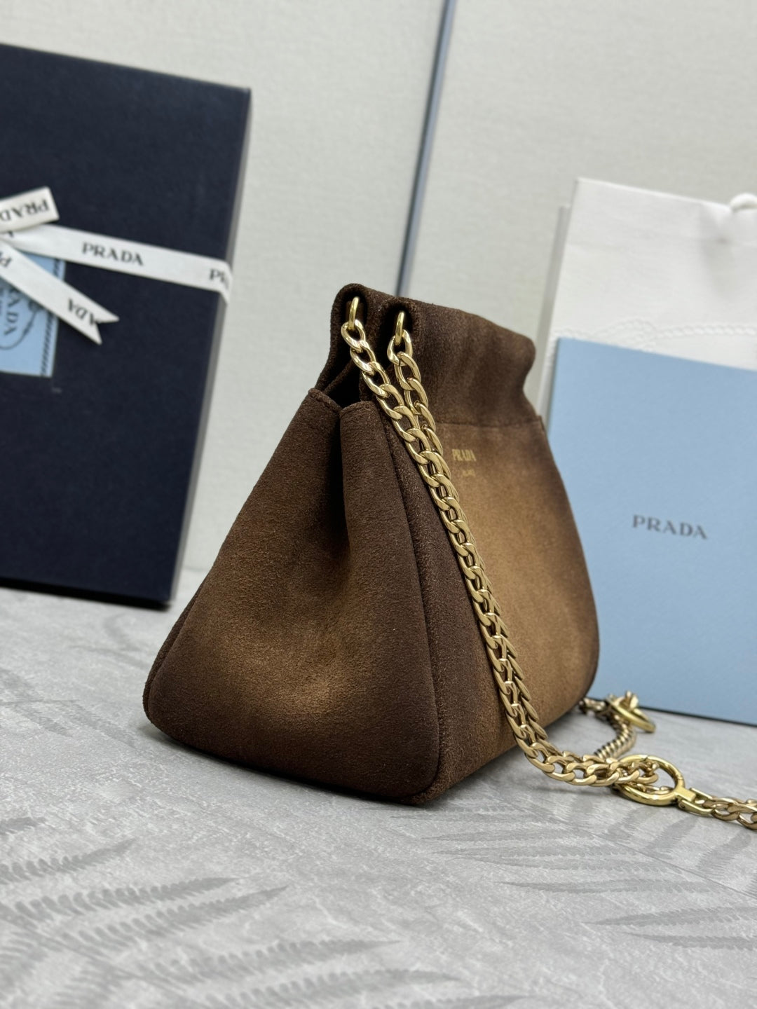 PRADA 25S ENCHAINE MINI BAG 22 IN CARAMEL BROWN SUEDE GOLD HARDWRE