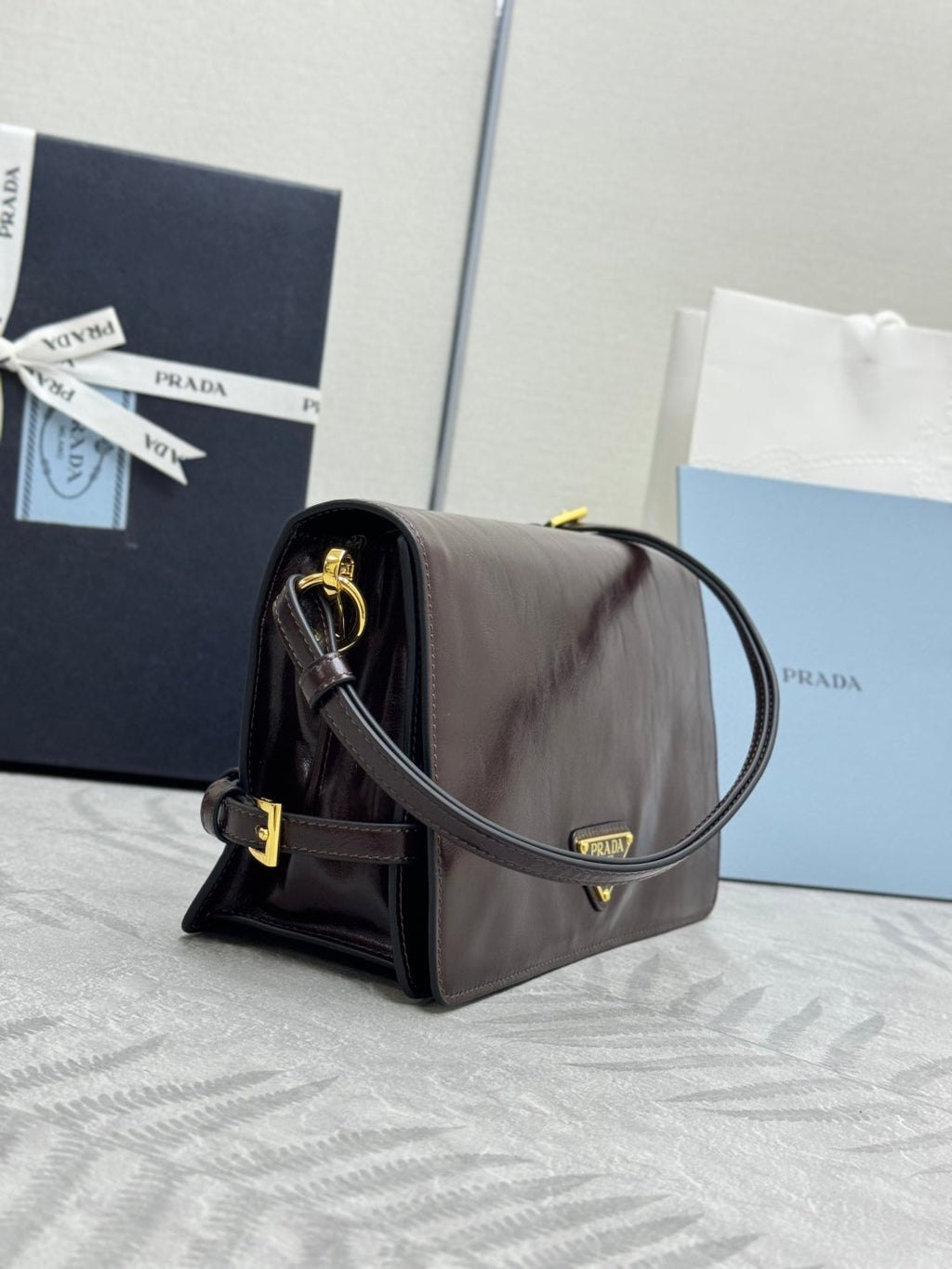 PRADA 25S SHOULDER BAG 23 IN RK BROWN CALFSKIN GOLD HARDWARE