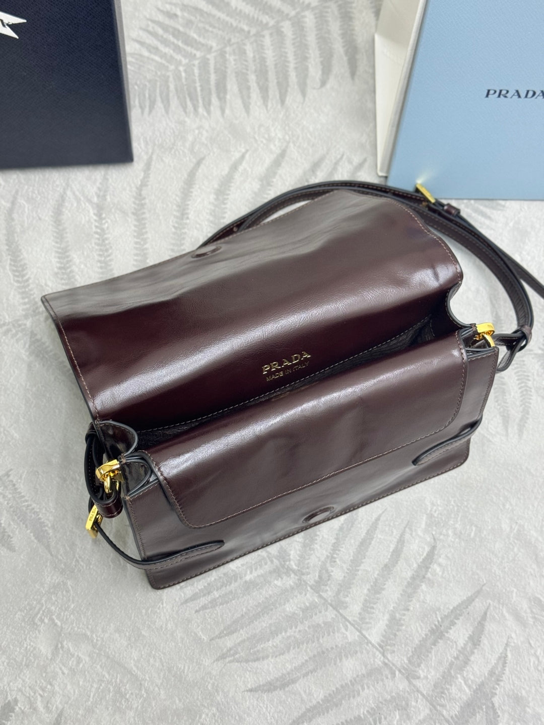 PRADA 25S SHOULDER BAG 23 IN RK BROWN CALFSKIN GOLD HARDWRE