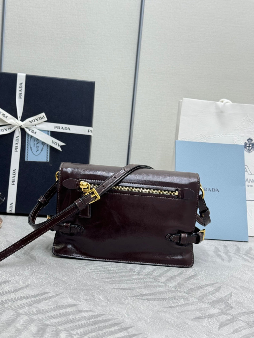 PRADA 25S SHOULDER BAG 23 IN RK BROWN CALFSKIN GOLD HARDWRE