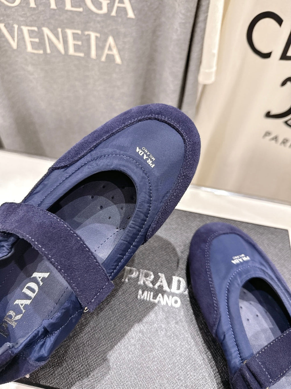 PRADA 25S COLLAPSE RE NYLON AND SUEDE BALLERINAS IN RK BLUE