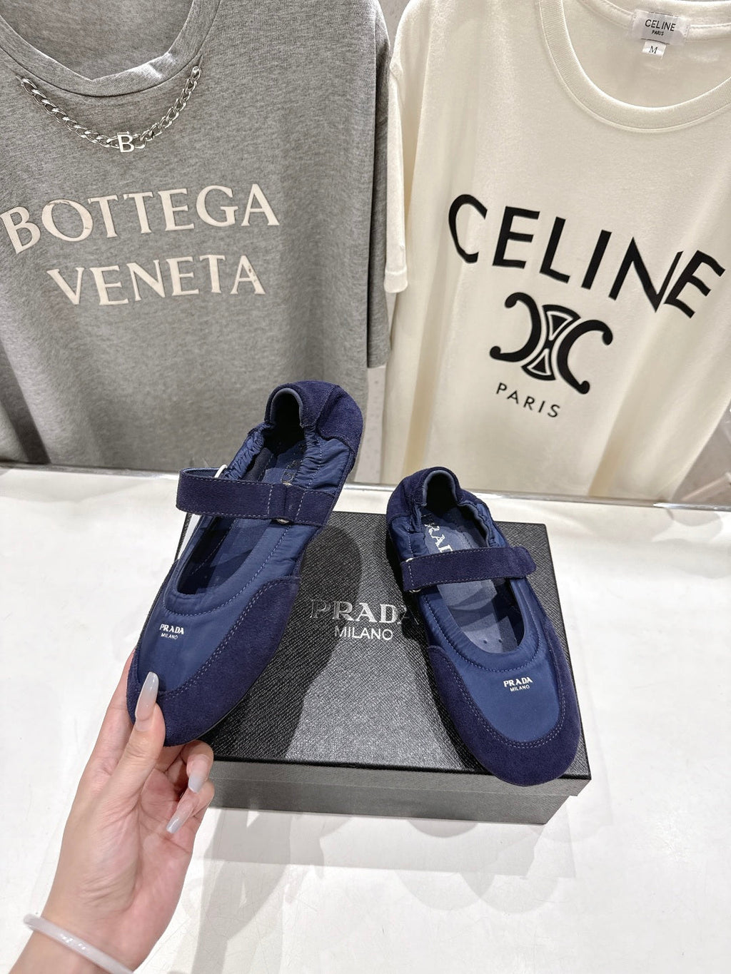 PRADA 25S COLLAPSE RE NYLON AND SUEDE BALLERINAS IN RK BLUE