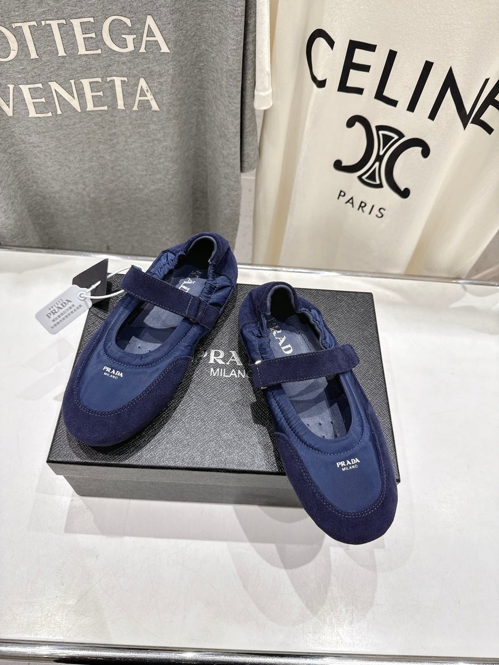 PRADA 25S COLLAPSE RE NYLON AND SUEDE BALLERINAS IN RK BLUE